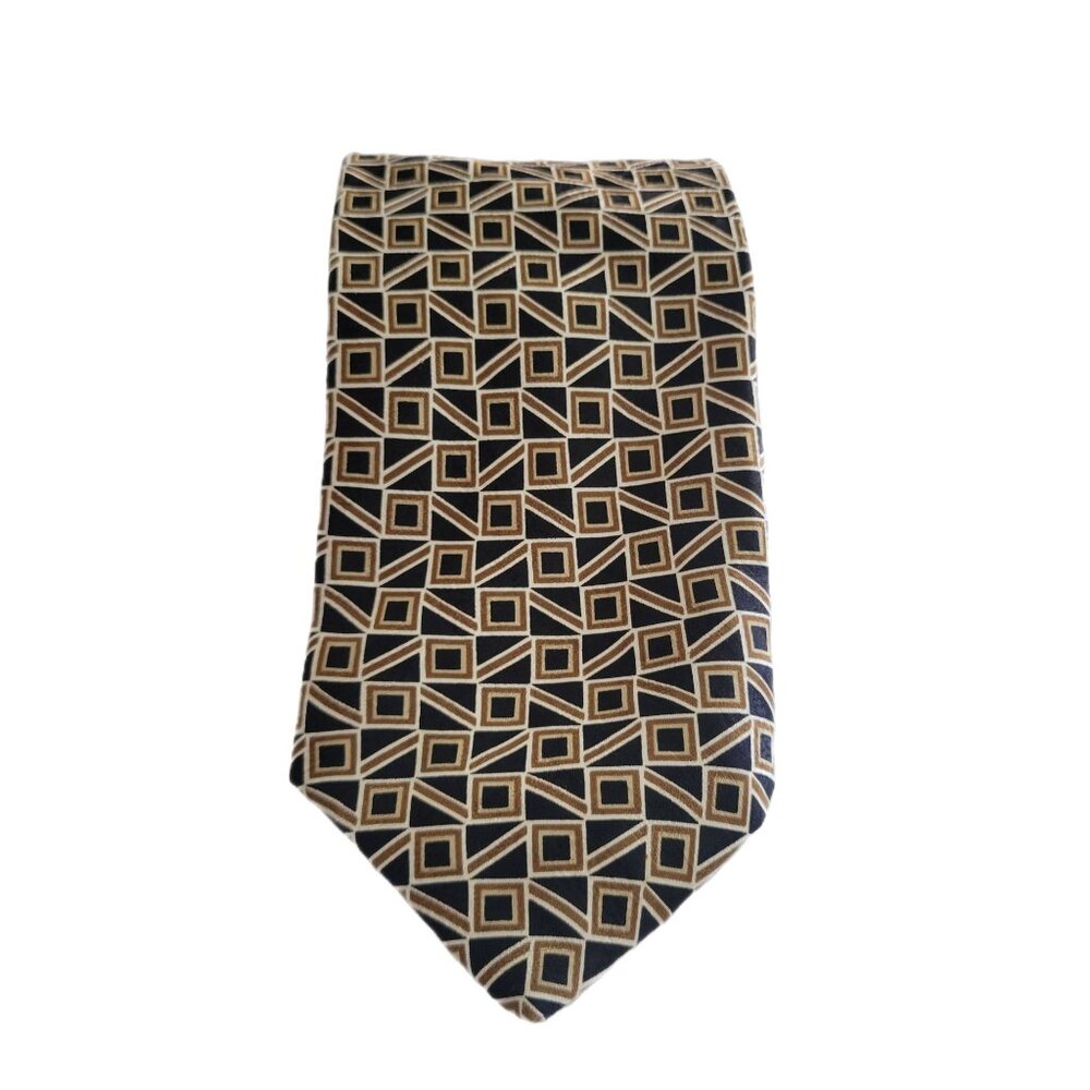 Italian Silk Tie J. Ferrar Geometric Pattern in Black Brown Tan Eclectic Grandpa